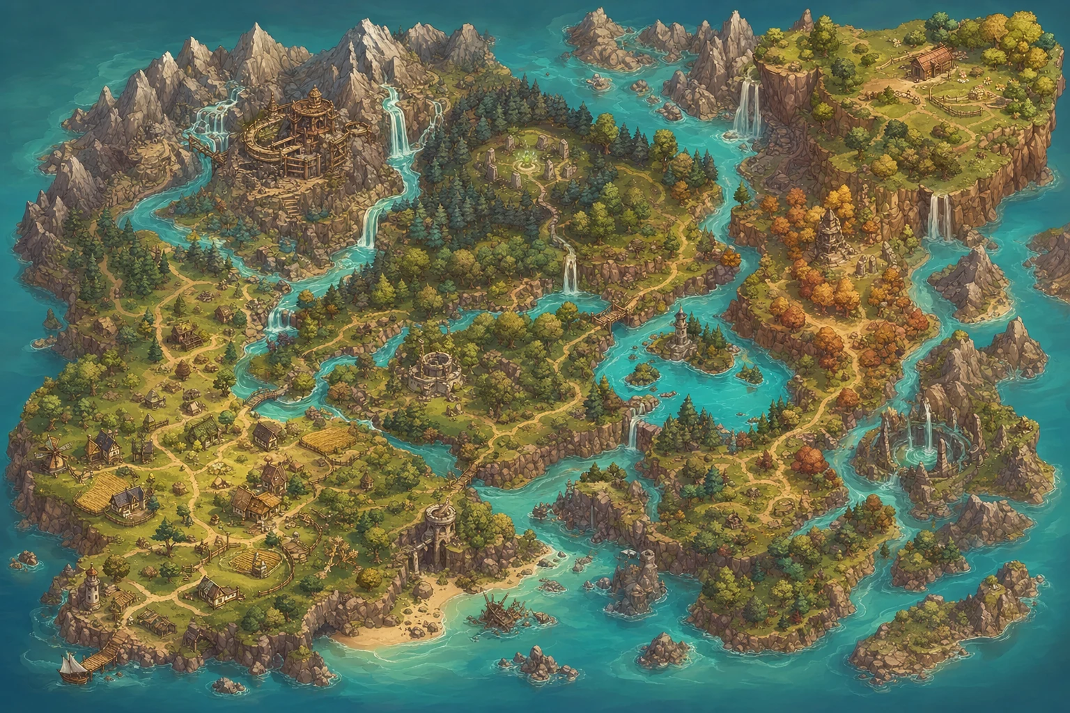 Hand-painted fantasy adventure map with villages, forests, rivers, mountains and coastal islands